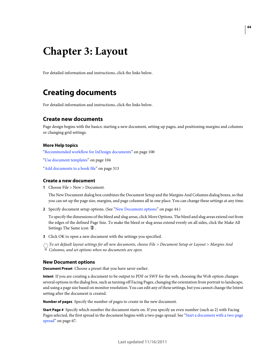 Chapter 3: layout, Creating documents, Create new documents | Create a new document, New document options, Create new, Documents | Adobe InDesign CS5 User Manual | Page 50 / 710