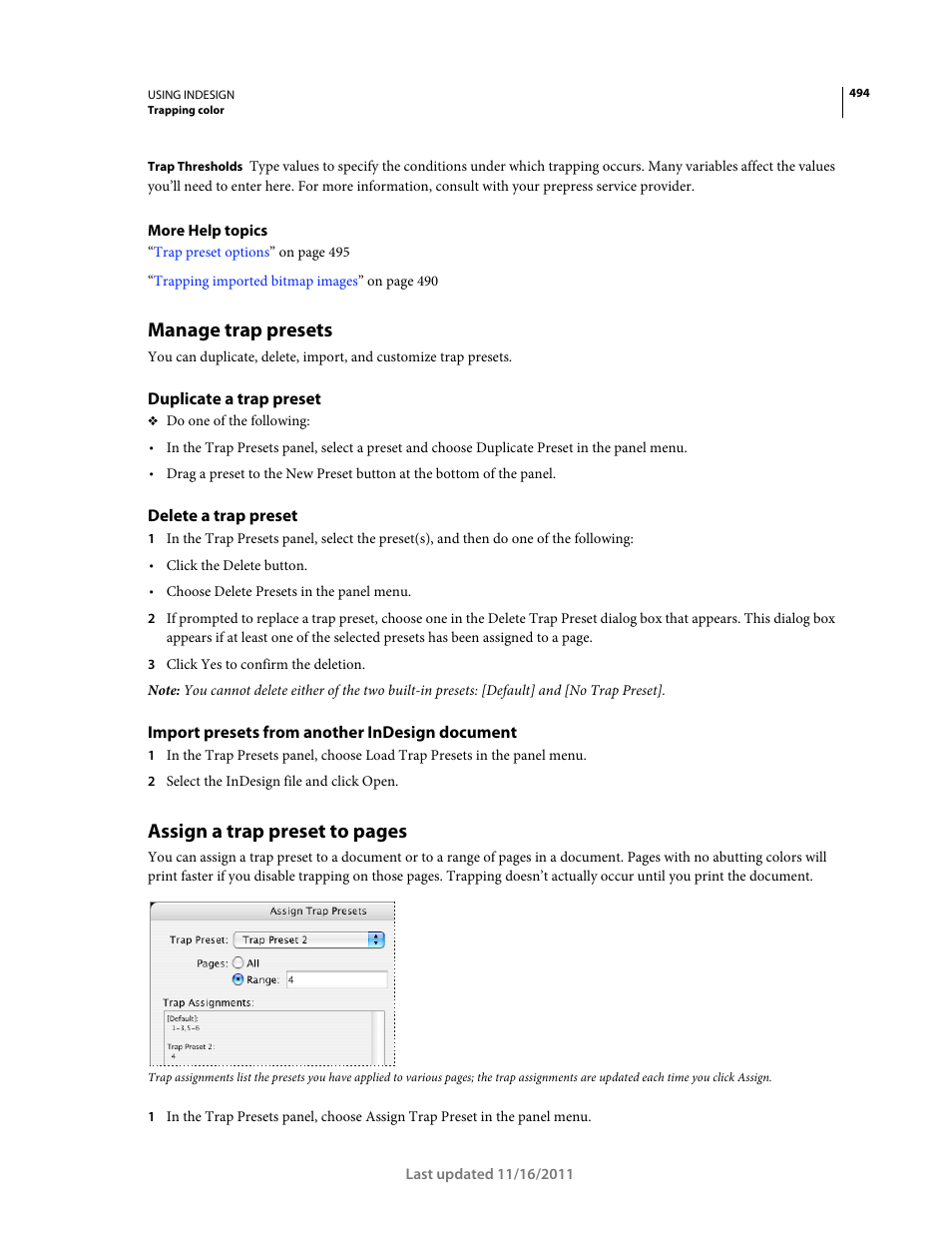 Manage trap presets, Duplicate a trap preset, Delete a trap preset | Import presets from another indesign document, Assign a trap preset to pages | Adobe InDesign CS5 User Manual | Page 500 / 710