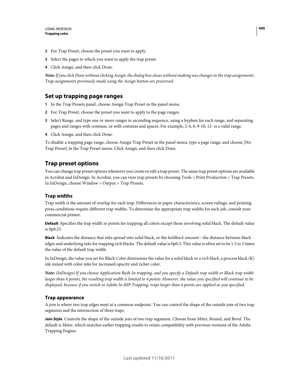 Trap preset options, Trap widths, Trap appearance | Set up trapping page ranges | Adobe InDesign CS5 User Manual | Page 501 / 710