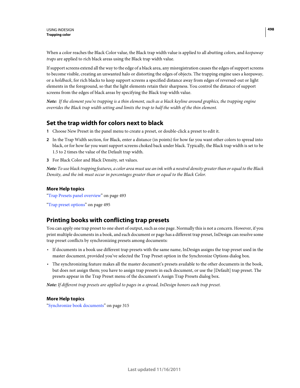 Set the trap width for colors next to black, Printing books with conflicting trap presets | Adobe InDesign CS5 User Manual | Page 504 / 710