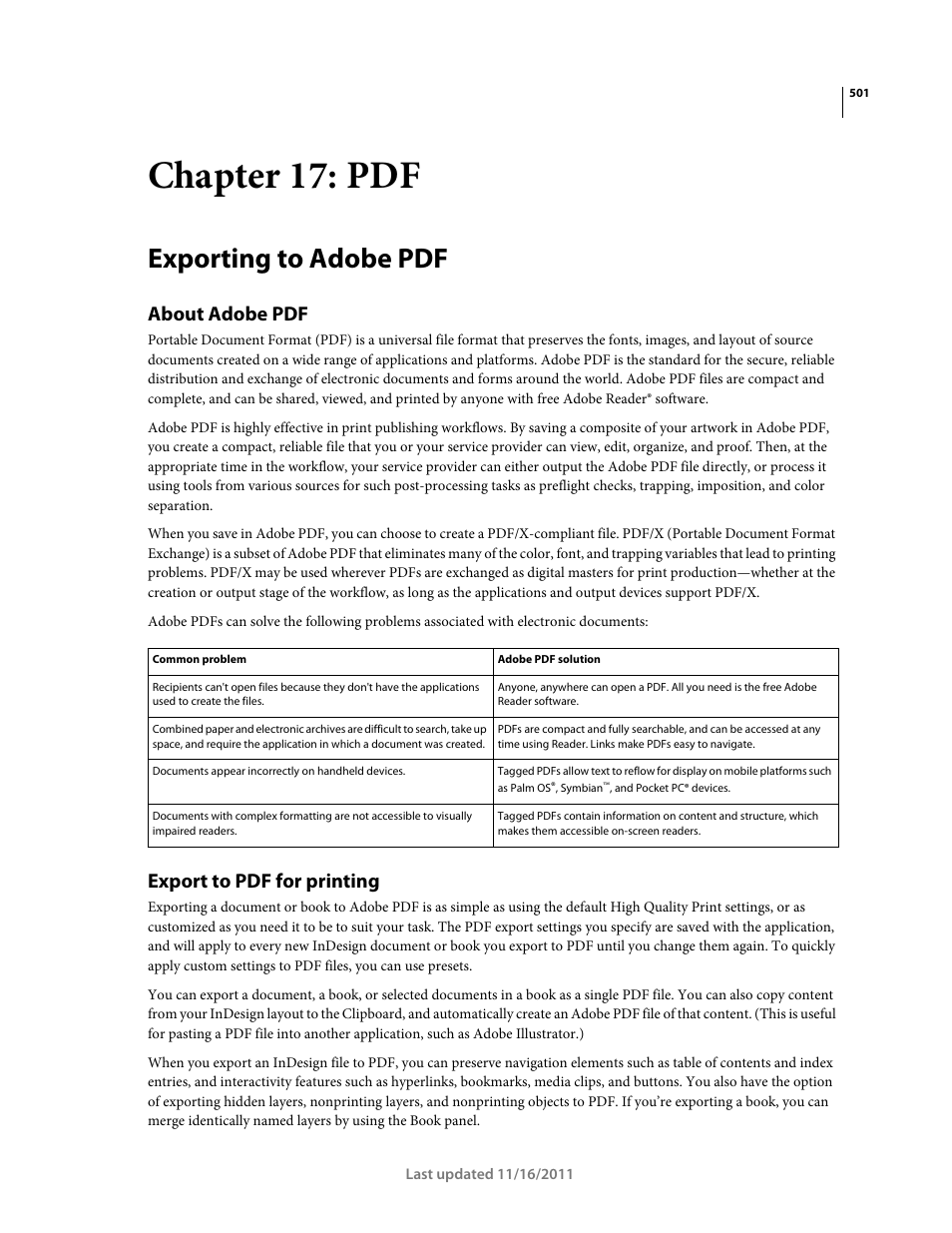 Chapter 17: pdf, Exporting to adobe pdf, About adobe pdf | Export to pdf for printing, For information exporting as pdf, see | Adobe InDesign CS5 User Manual | Page 507 / 710