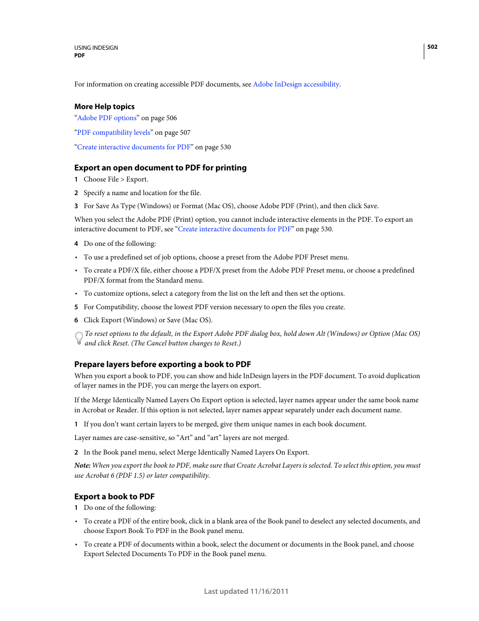 Export an open document to pdf for printing, Prepare layers before exporting a book to pdf, Export a book to pdf | Adobe InDesign CS5 User Manual | Page 508 / 710