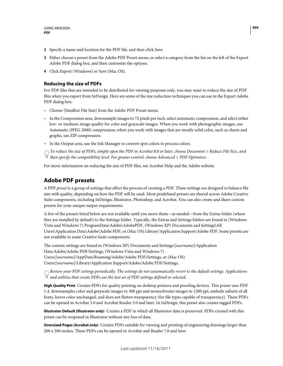 Reducing the size of pdfs, Adobe pdf presets | Adobe InDesign CS5 User Manual | Page 509 / 710