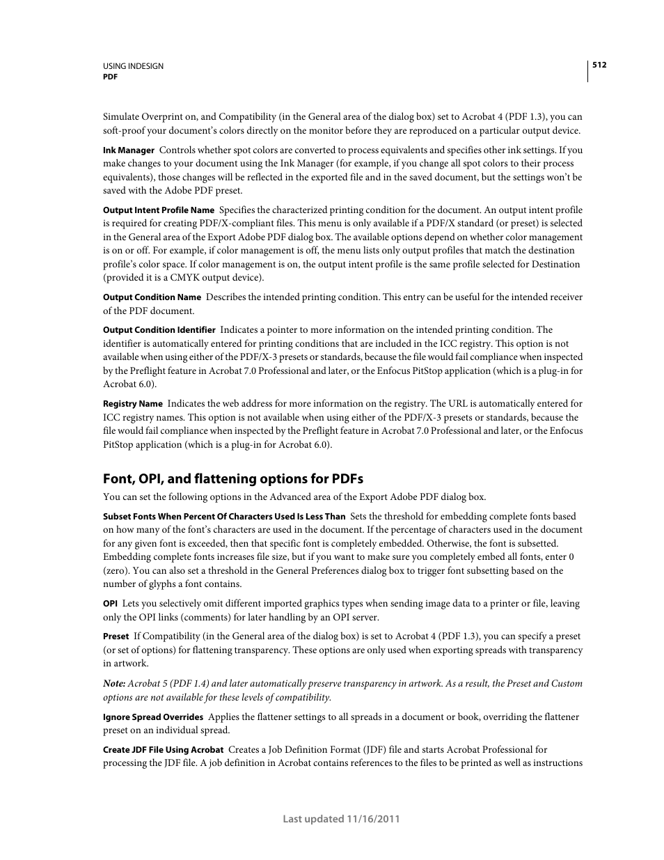 Font, opi, and flattening options for pdfs | Adobe InDesign CS5 User Manual | Page 518 / 710