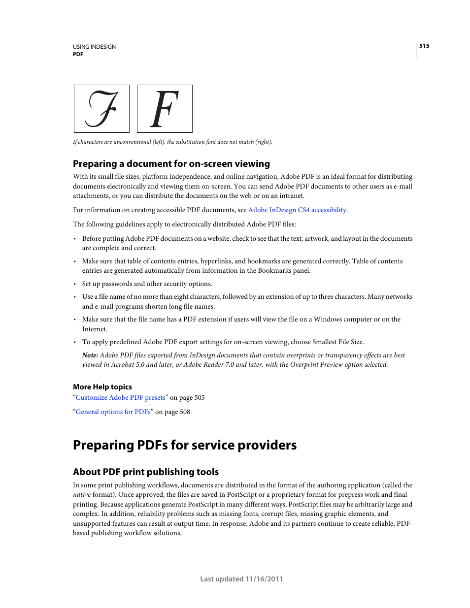 Preparing a document for on-screen viewing, Preparing pdfs for service providers, About pdf print publishing tools | Adobe InDesign CS5 User Manual | Page 521 / 710