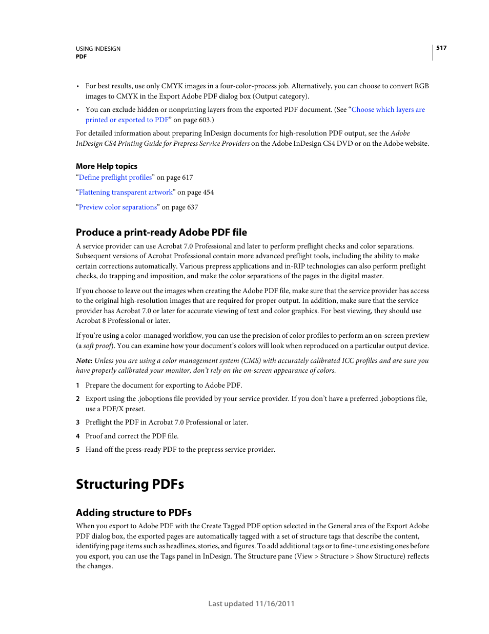 Produce a print-ready adobe pdf file, Structuring pdfs, Adding structure to pdfs | Adobe InDesign CS5 User Manual | Page 523 / 710