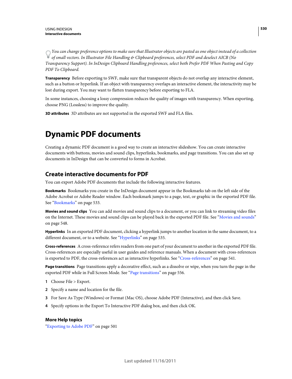 Dynamic pdf documents, Create interactive documents for pdf, Create interactive documents | For pdf | Adobe InDesign CS5 User Manual | Page 536 / 710