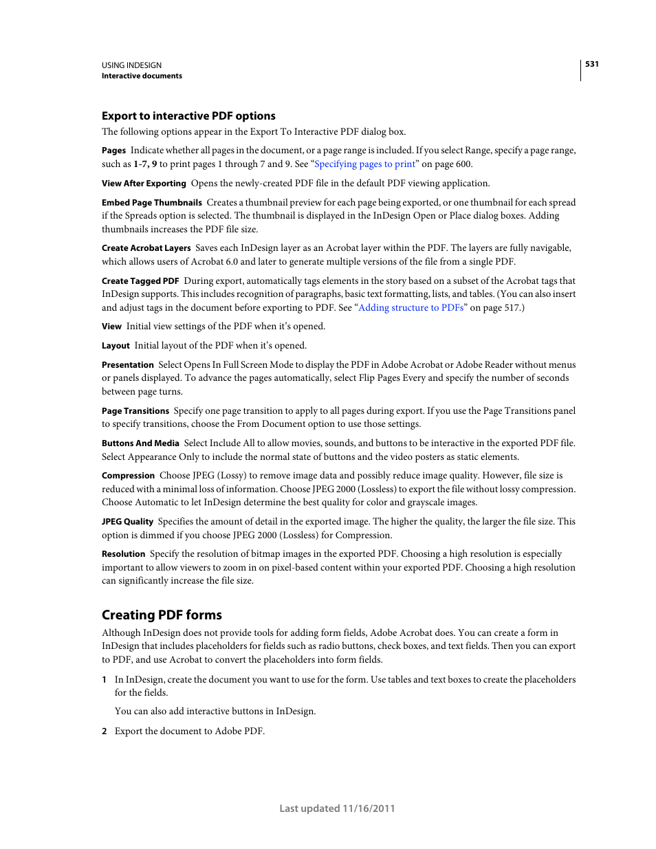 Export to interactive pdf options, Creating pdf forms, Option. see | Adobe InDesign CS5 User Manual | Page 537 / 710