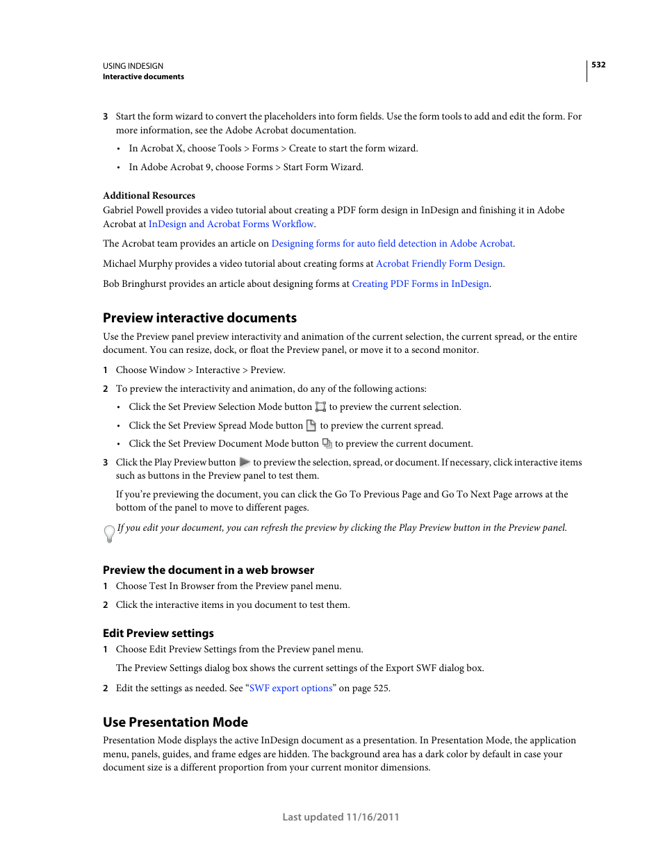 Preview interactive documents, Preview the document in a web browser, Edit preview settings | Use presentation mode, Preview, Interactive documents, Time. see | Adobe InDesign CS5 User Manual | Page 538 / 710