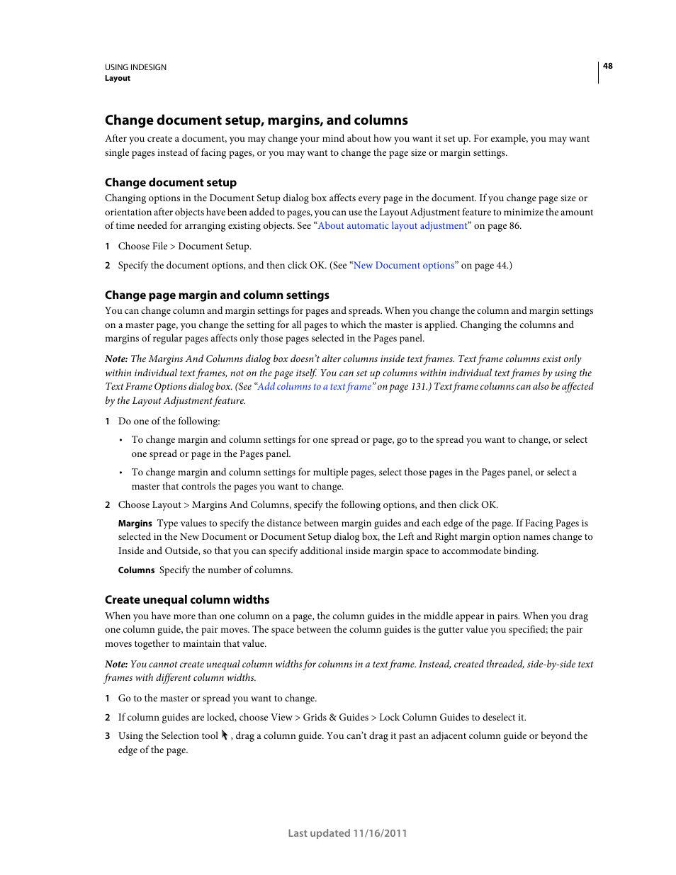 Change document setup, margins, and columns, Change document setup, Create unequal column widths | Adobe InDesign CS5 User Manual | Page 54 / 710