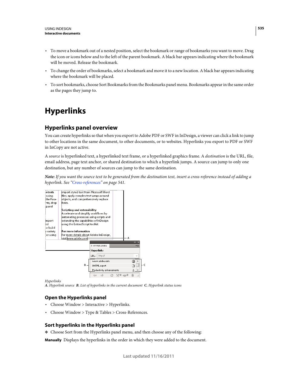 Hyperlinks, Hyperlinks panel overview, Open the hyperlinks panel | Sort hyperlinks in the hyperlinks panel, Different document, or to a website. see | Adobe InDesign CS5 User Manual | Page 541 / 710