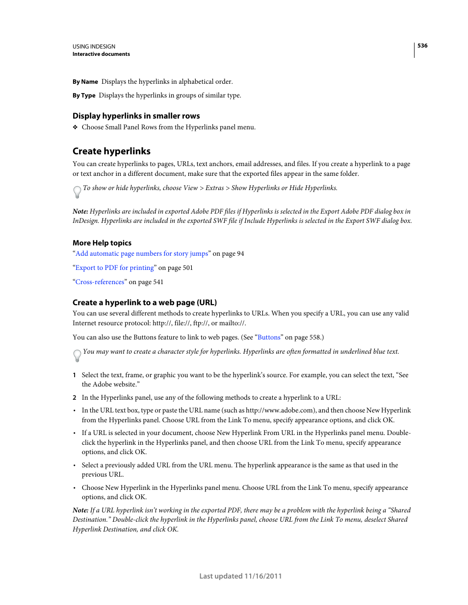 Display hyperlinks in smaller rows, Create hyperlinks | Adobe InDesign CS5 User Manual | Page 542 / 710