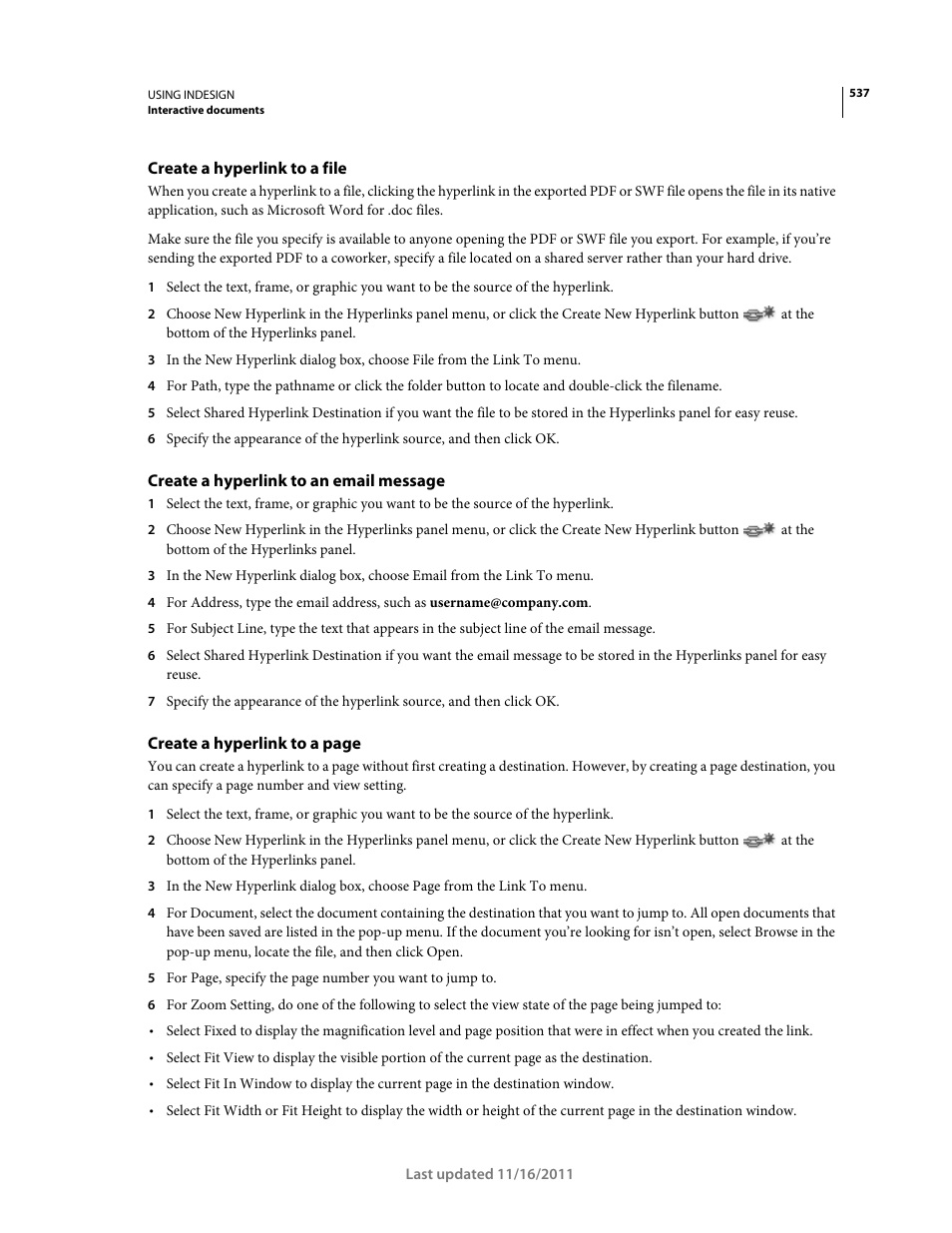 Create a hyperlink to a file, Create a hyperlink to an email message | Adobe InDesign CS5 User Manual | Page 543 / 710