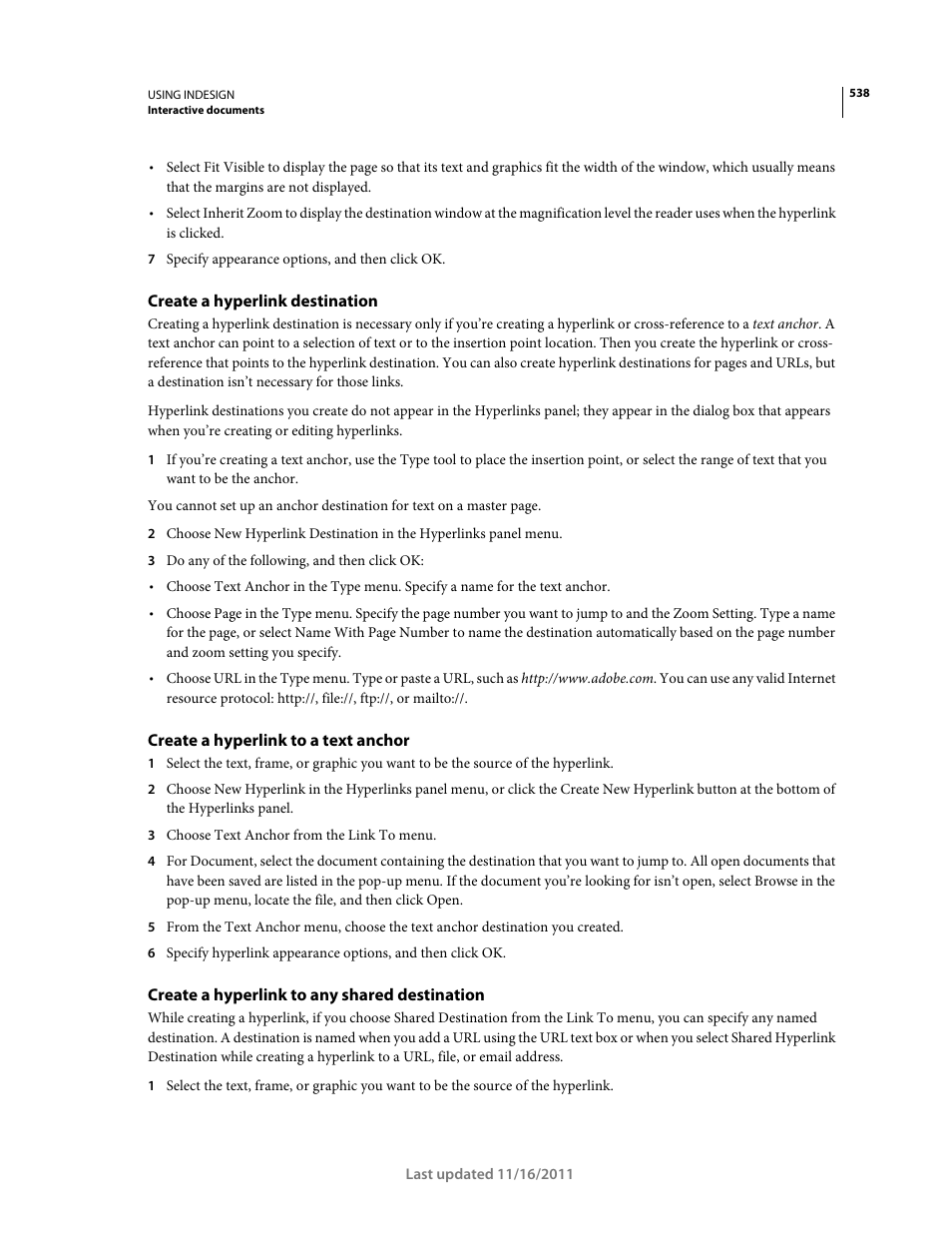 Create a hyperlink destination, Create a hyperlink to a text anchor, Create a hyperlink to any shared destination | Adobe InDesign CS5 User Manual | Page 544 / 710