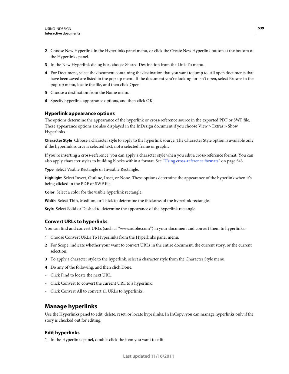 Hyperlink appearance options, Convert urls to hyperlinks, Manage hyperlinks | Edit hyperlinks | Adobe InDesign CS5 User Manual | Page 545 / 710