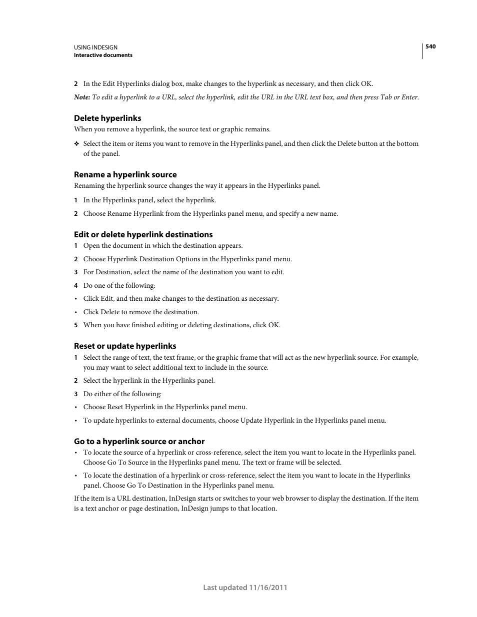 Delete hyperlinks, Rename a hyperlink source, Edit or delete hyperlink destinations | Reset or update hyperlinks, Go to a hyperlink source or anchor | Adobe InDesign CS5 User Manual | Page 546 / 710