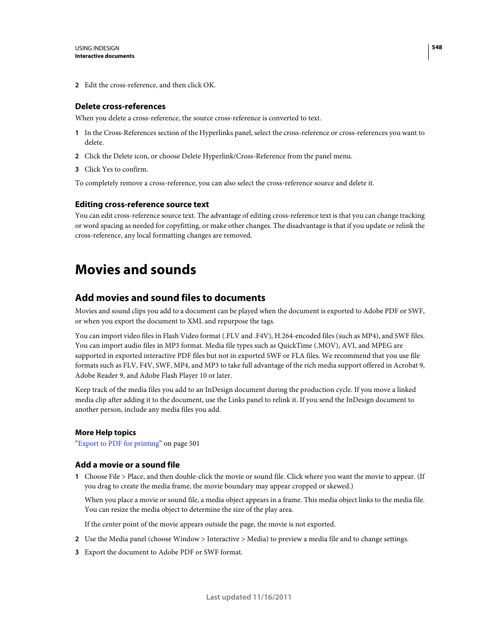 Delete cross-references, Editing cross-reference source text, Movies and sounds | Add movies and sound files to documents, Add a movie or a sound file, Add movies and sound, Files to documents | Adobe InDesign CS5 User Manual | Page 554 / 710