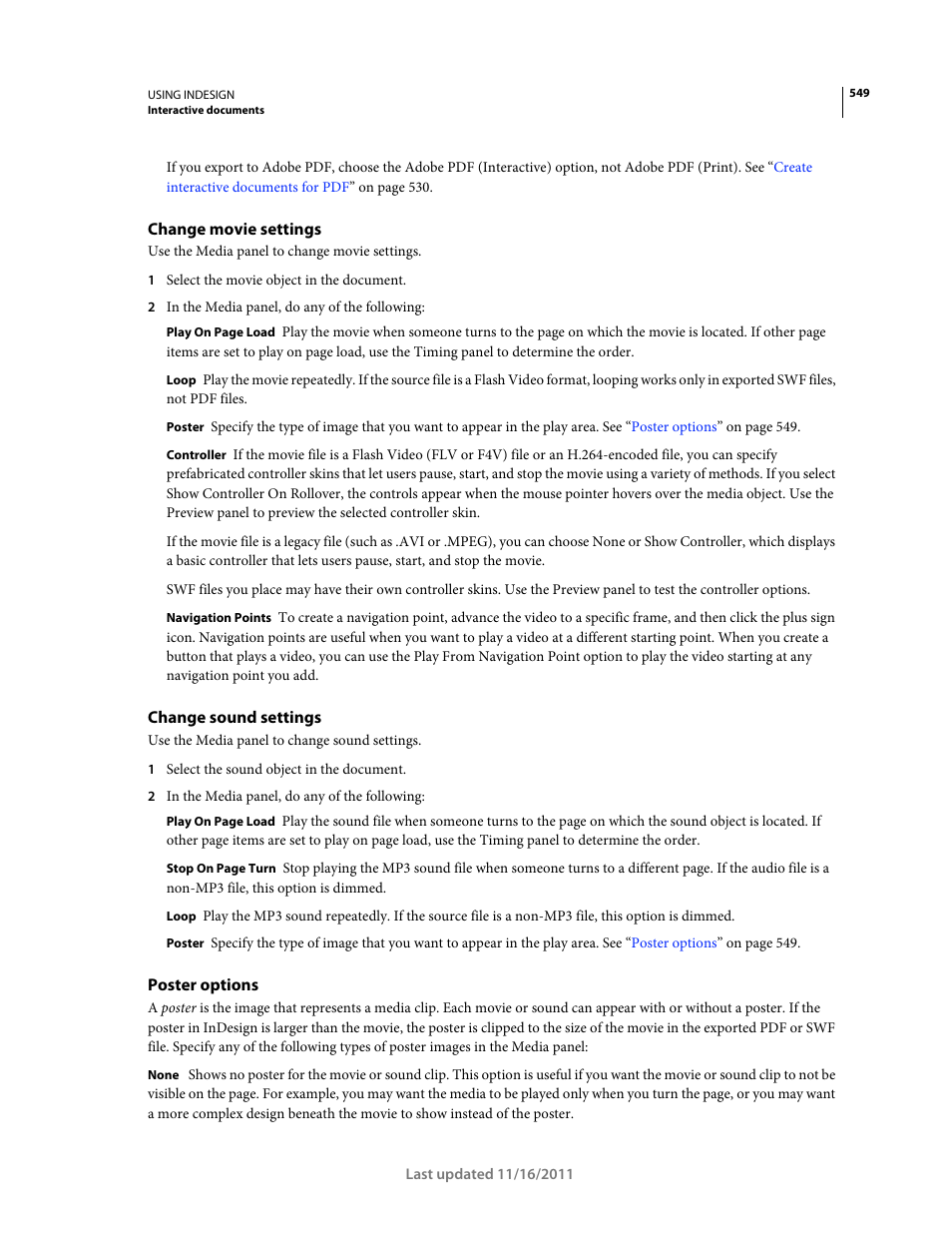 Change movie settings, Change sound settings, Poster options | Adobe InDesign CS5 User Manual | Page 555 / 710