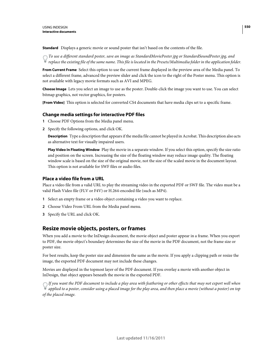 Change media settings for interactive pdf files, Place a video file from a url, Resize movie objects, posters, or frames | Adobe InDesign CS5 User Manual | Page 556 / 710