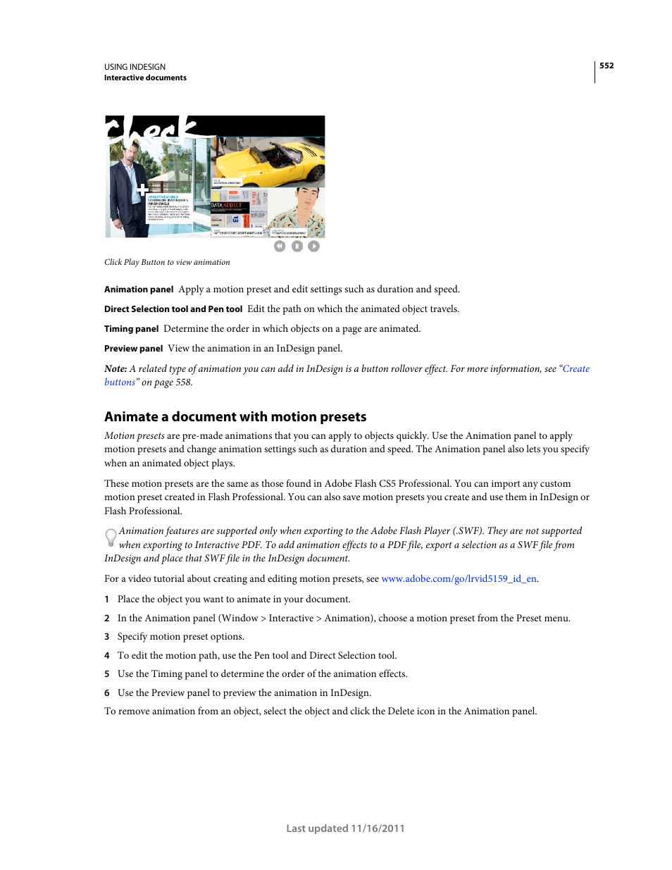 Animate a document with motion presets, Create animation effects. see | Adobe InDesign CS5 User Manual | Page 558 / 710