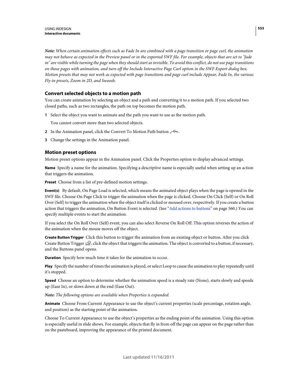 Convert selected objects to a motion path, Motion preset options | Adobe InDesign CS5 User Manual | Page 559 / 710