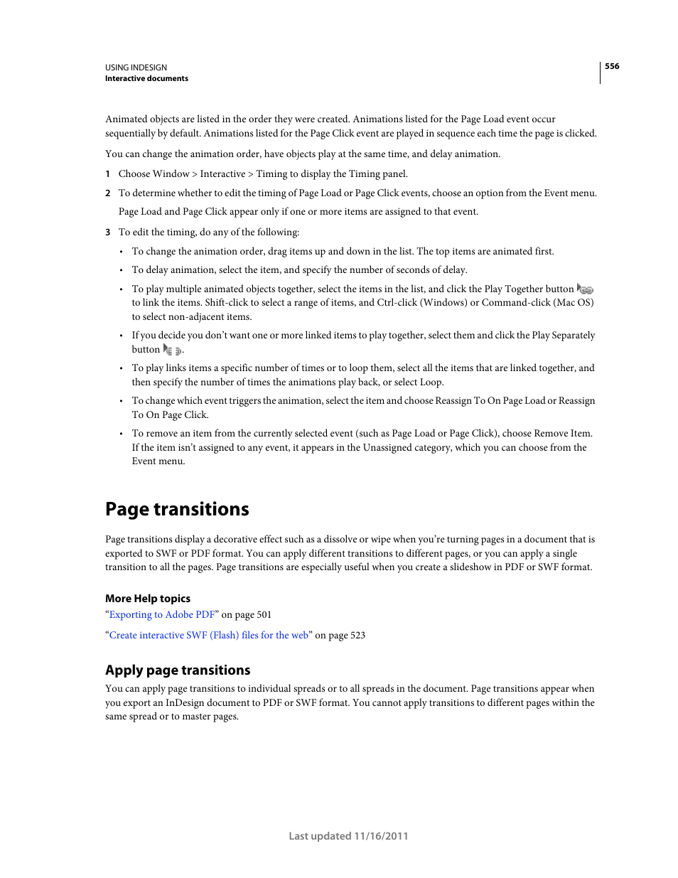 Exported pdf while in full screen mode. see, Page transitions, Apply page transitions | Adobe InDesign CS5 User Manual | Page 562 / 710