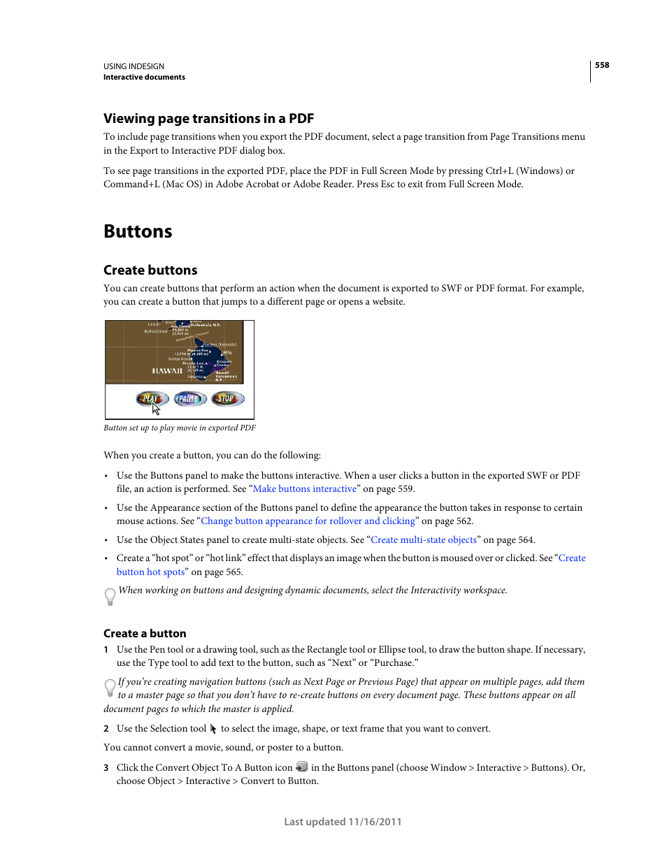Buttons, Create buttons, Create a button | Create, Viewing page transitions in a pdf | Adobe InDesign CS5 User Manual | Page 564 / 710