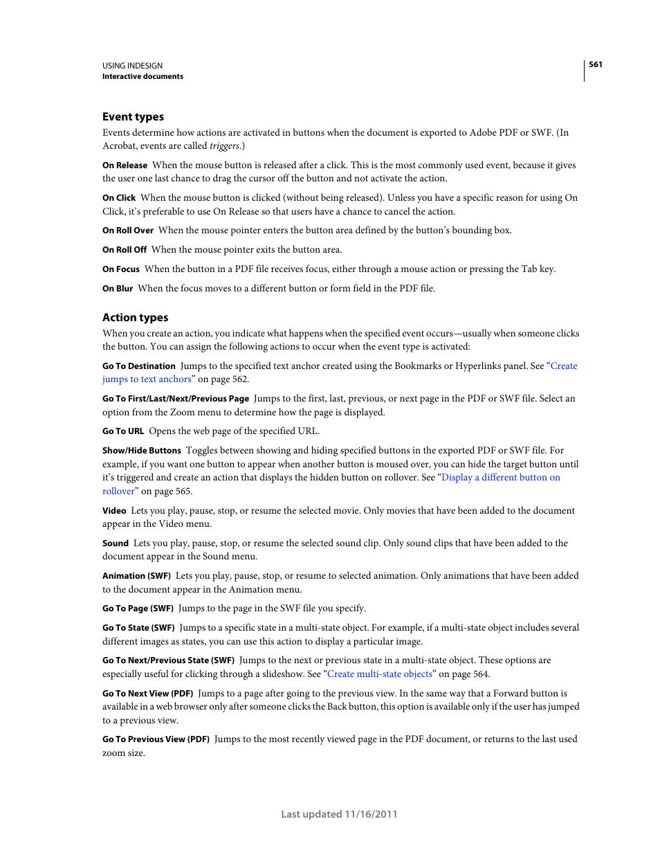 Event types, Action types | Adobe InDesign CS5 User Manual | Page 567 / 710