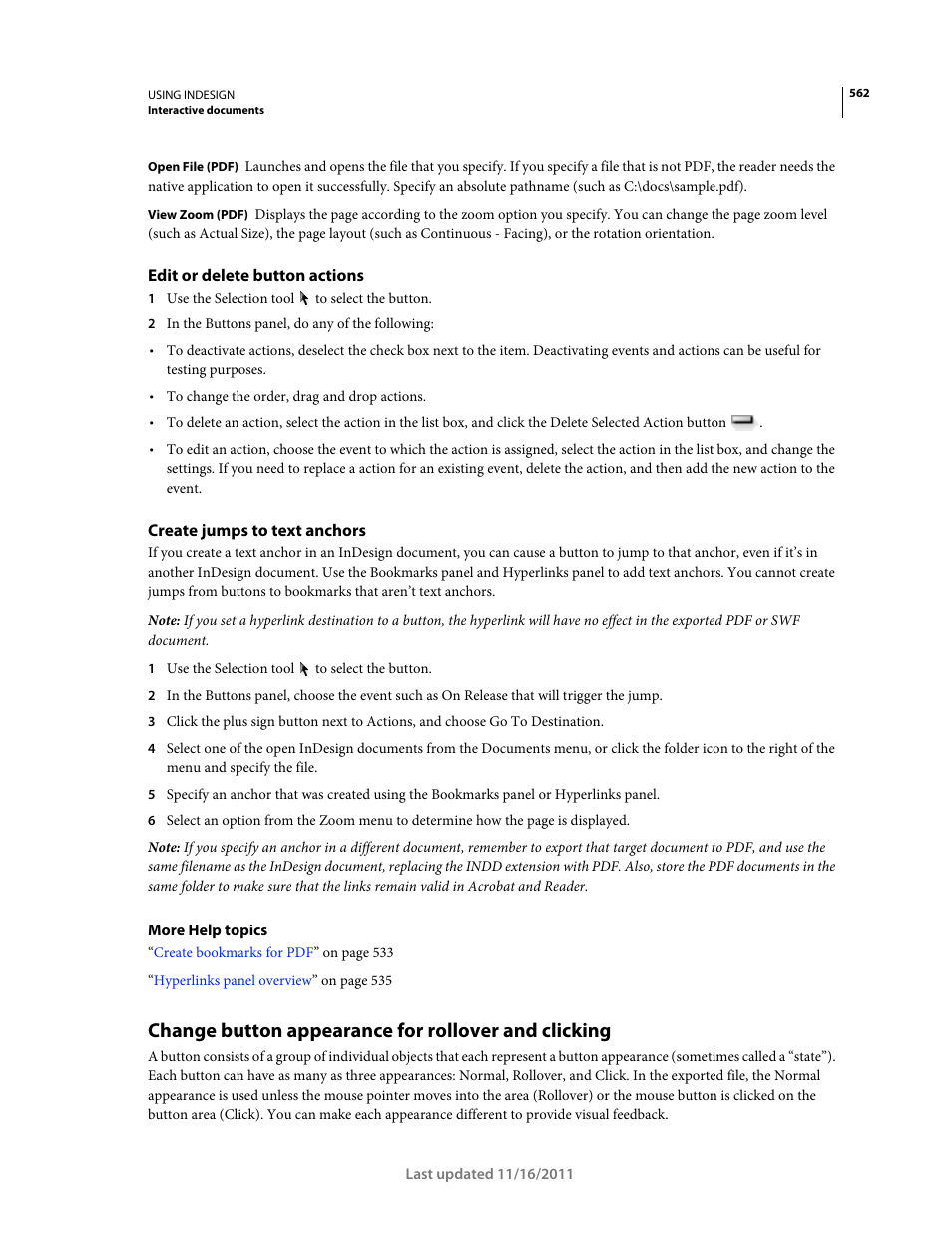 Edit or delete button actions, Create jumps to text anchors, Change button appearance for rollover and clicking | Change button, Appearance for rollover and clicking, Create, Jumps to text anchors | Adobe InDesign CS5 User Manual | Page 568 / 710