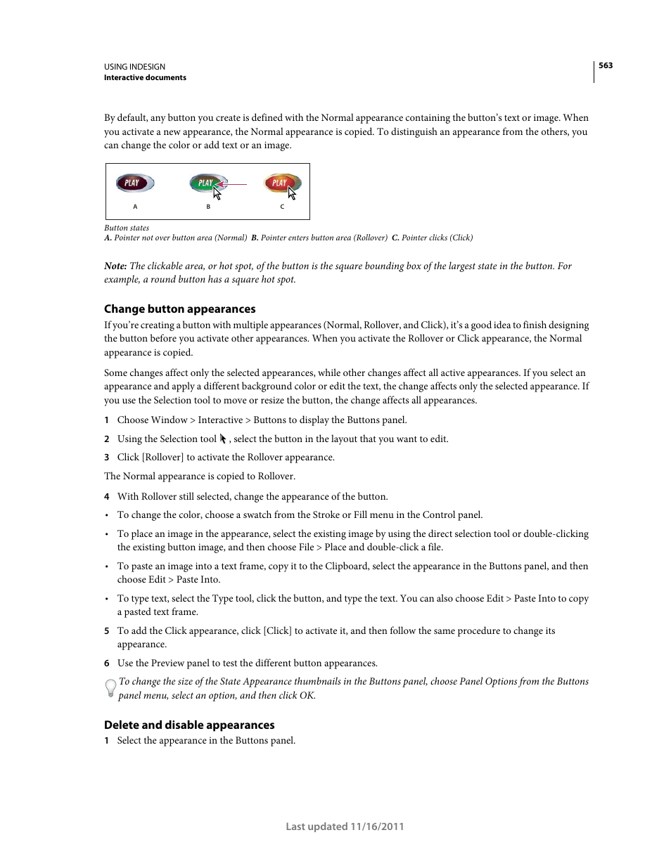 Change button appearances, Delete and disable appearances | Adobe InDesign CS5 User Manual | Page 569 / 710