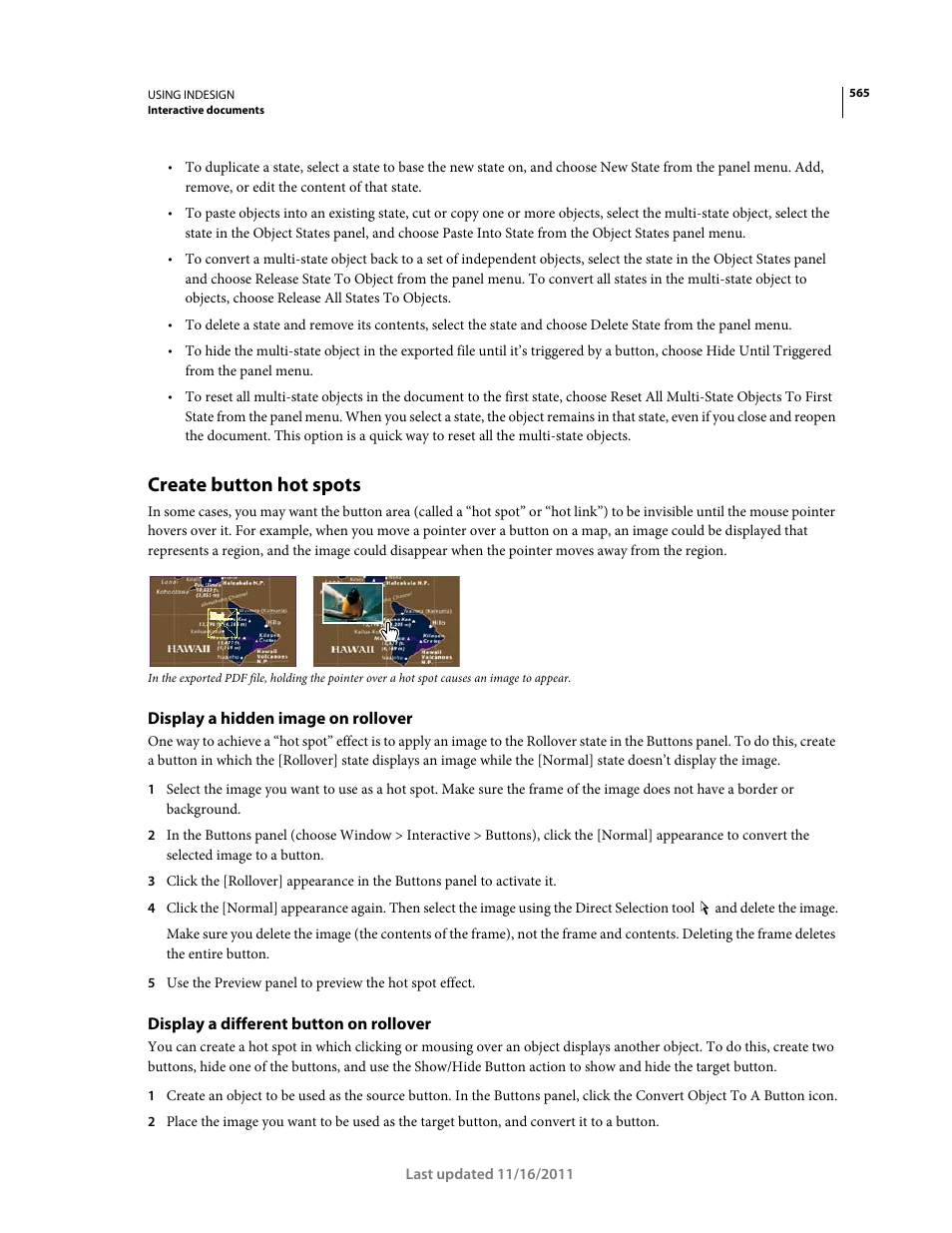 Create button hot spots, Display a hidden image on rollover, Display a different button on rollover | Create, Button hot spots, Display a different button on, Rollover | Adobe InDesign CS5 User Manual | Page 571 / 710