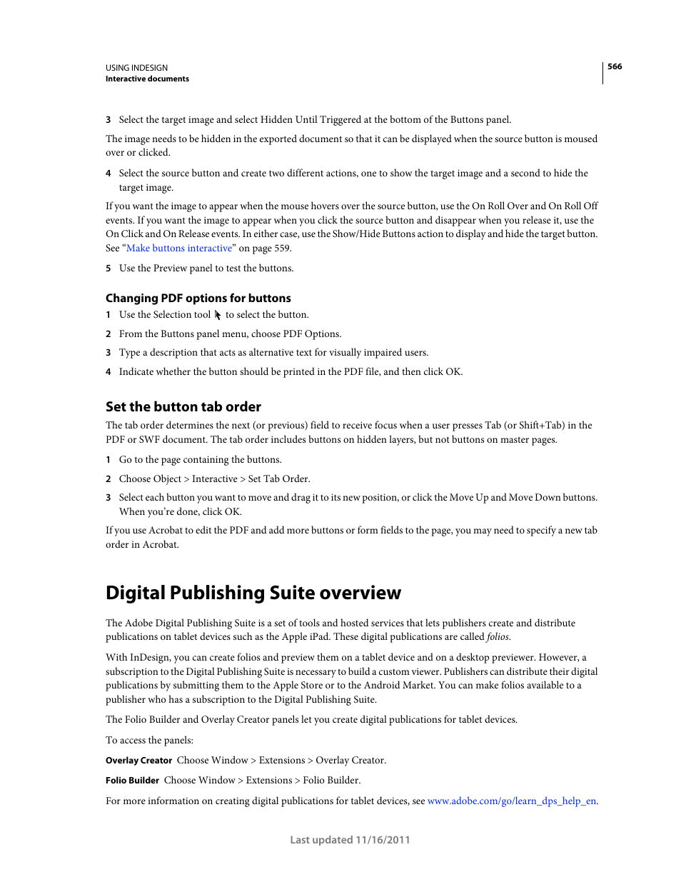 Changing pdf options for buttons, Set the button tab order, Digital publishing suite overview | Adobe InDesign CS5 User Manual | Page 572 / 710