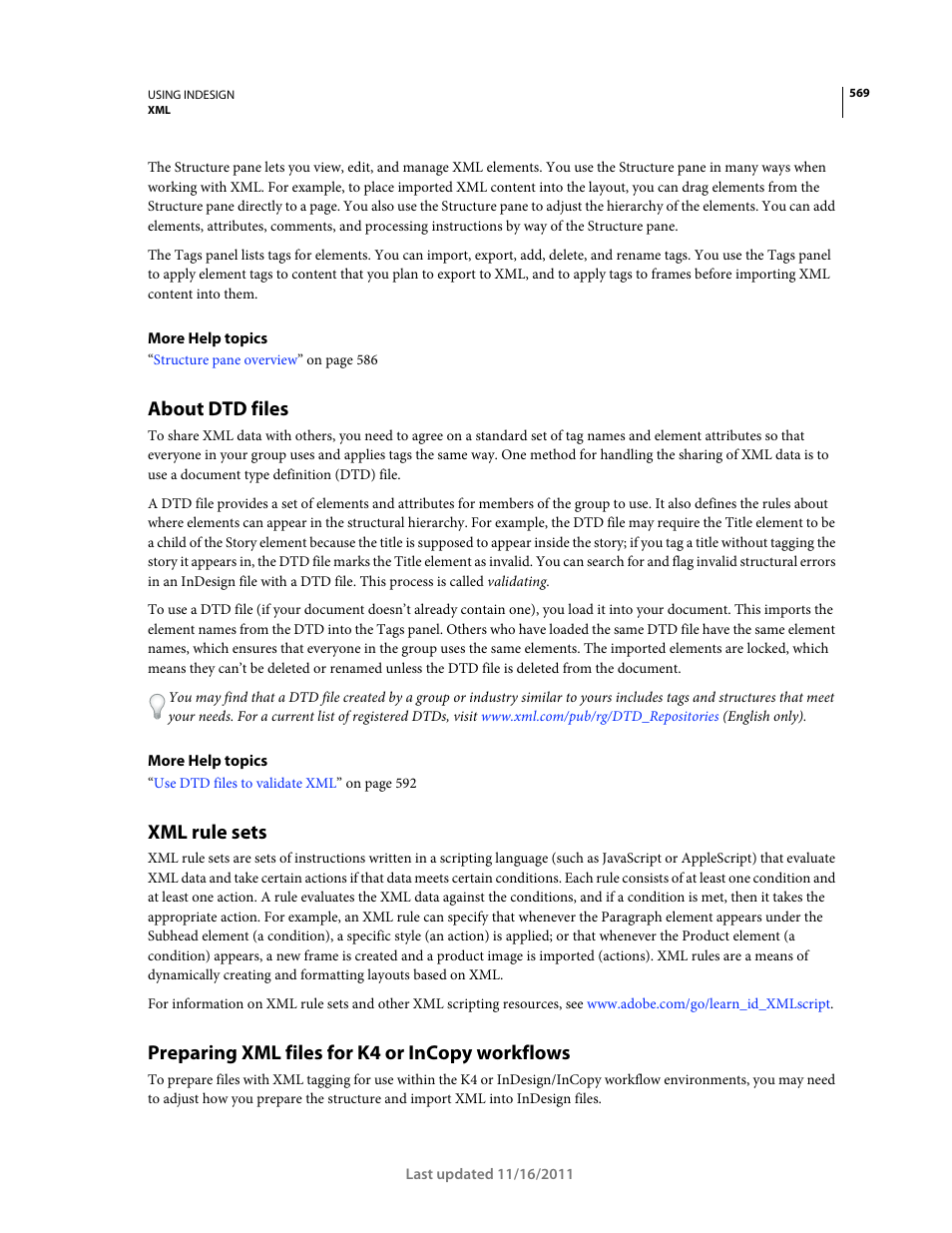 About dtd files, Xml rule sets, Preparing xml files for k4 or incopy workflows | Adobe InDesign CS5 User Manual | Page 575 / 710