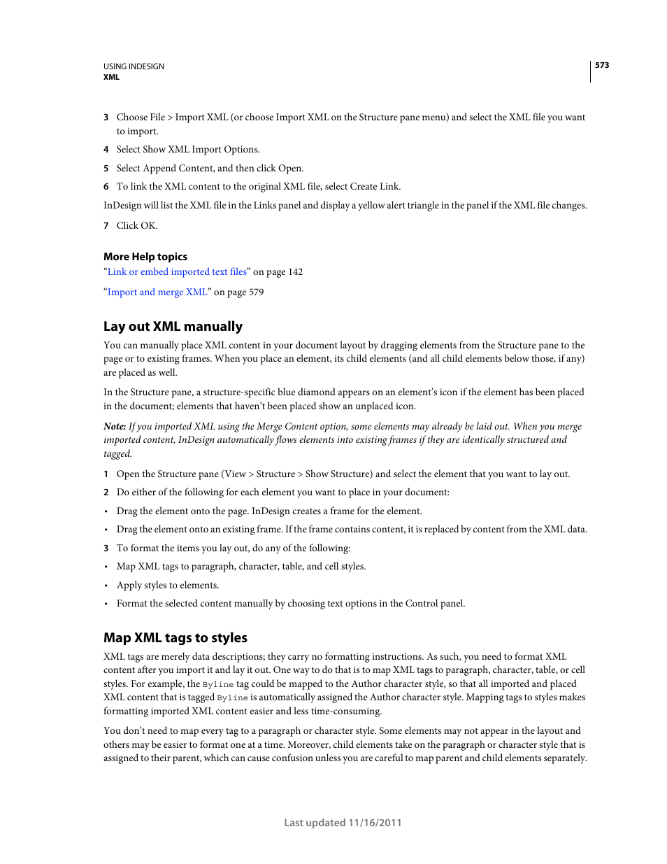 Lay out xml manually, Map xml tags to styles | Adobe InDesign CS5 User Manual | Page 579 / 710