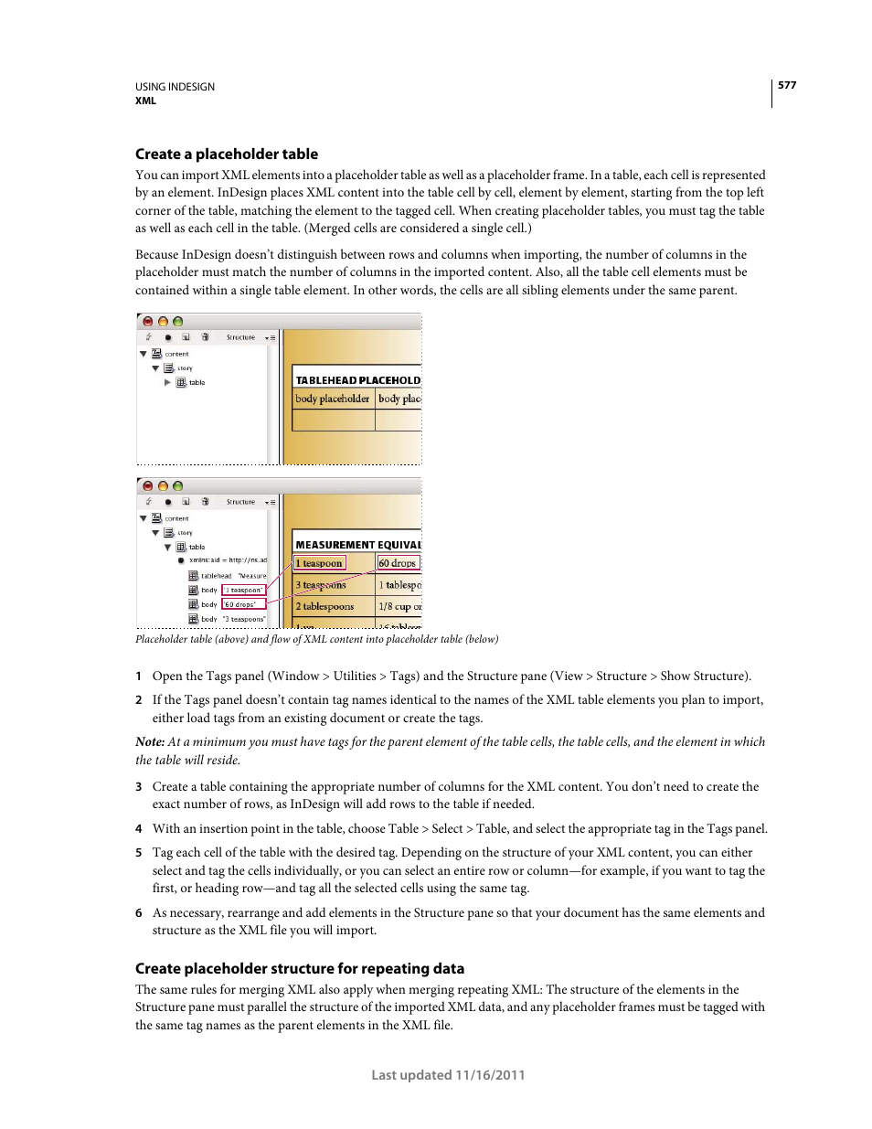 Create a placeholder table, Create placeholder structure for repeating data | Adobe InDesign CS5 User Manual | Page 583 / 710