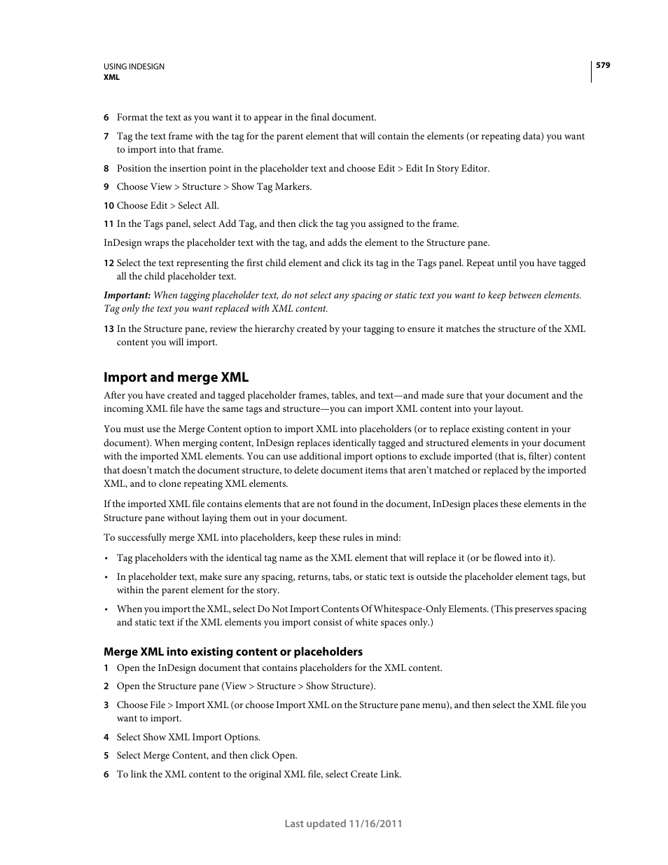 Import and merge xml, Merge xml into existing content or placeholders | Adobe InDesign CS5 User Manual | Page 585 / 710