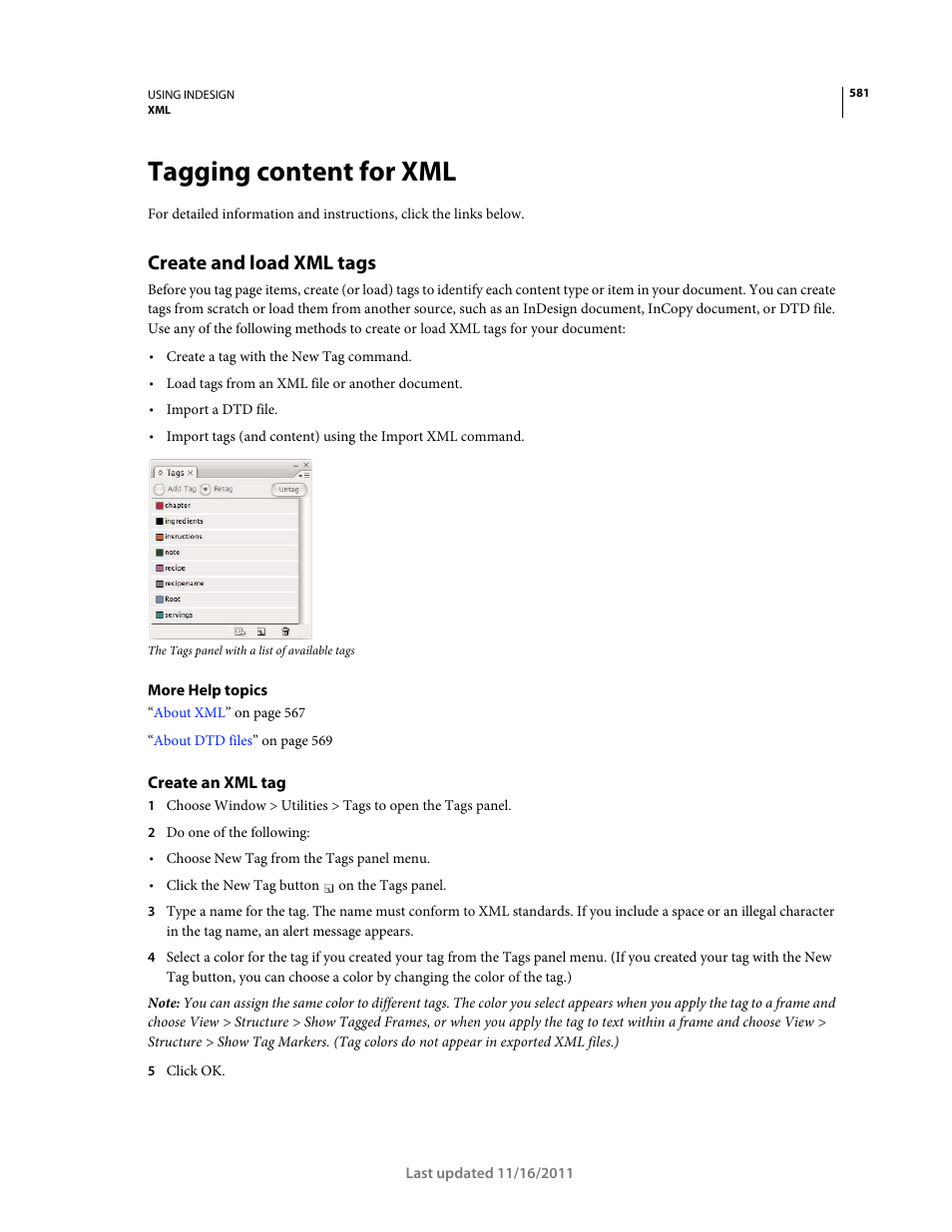 Tagging content for xml, Create and load xml tags, Create an xml tag | Adobe InDesign CS5 User Manual | Page 587 / 710