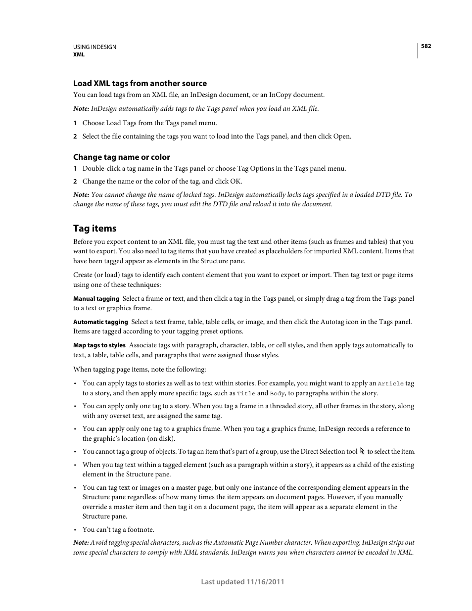 Load xml tags from another source, Change tag name or color, Tag items | Adobe InDesign CS5 User Manual | Page 588 / 710