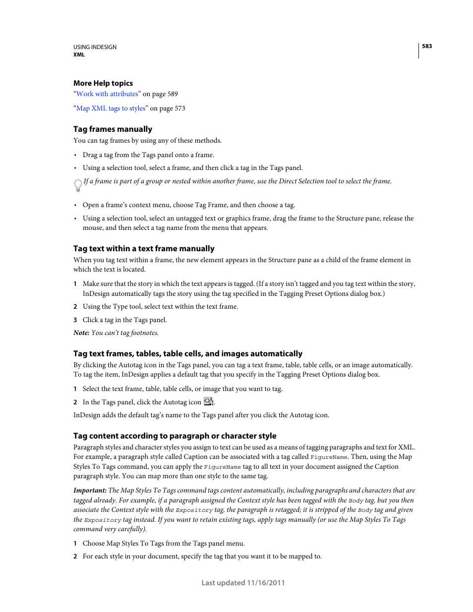 Tag frames manually, Tag text within a text frame manually | Adobe InDesign CS5 User Manual | Page 589 / 710