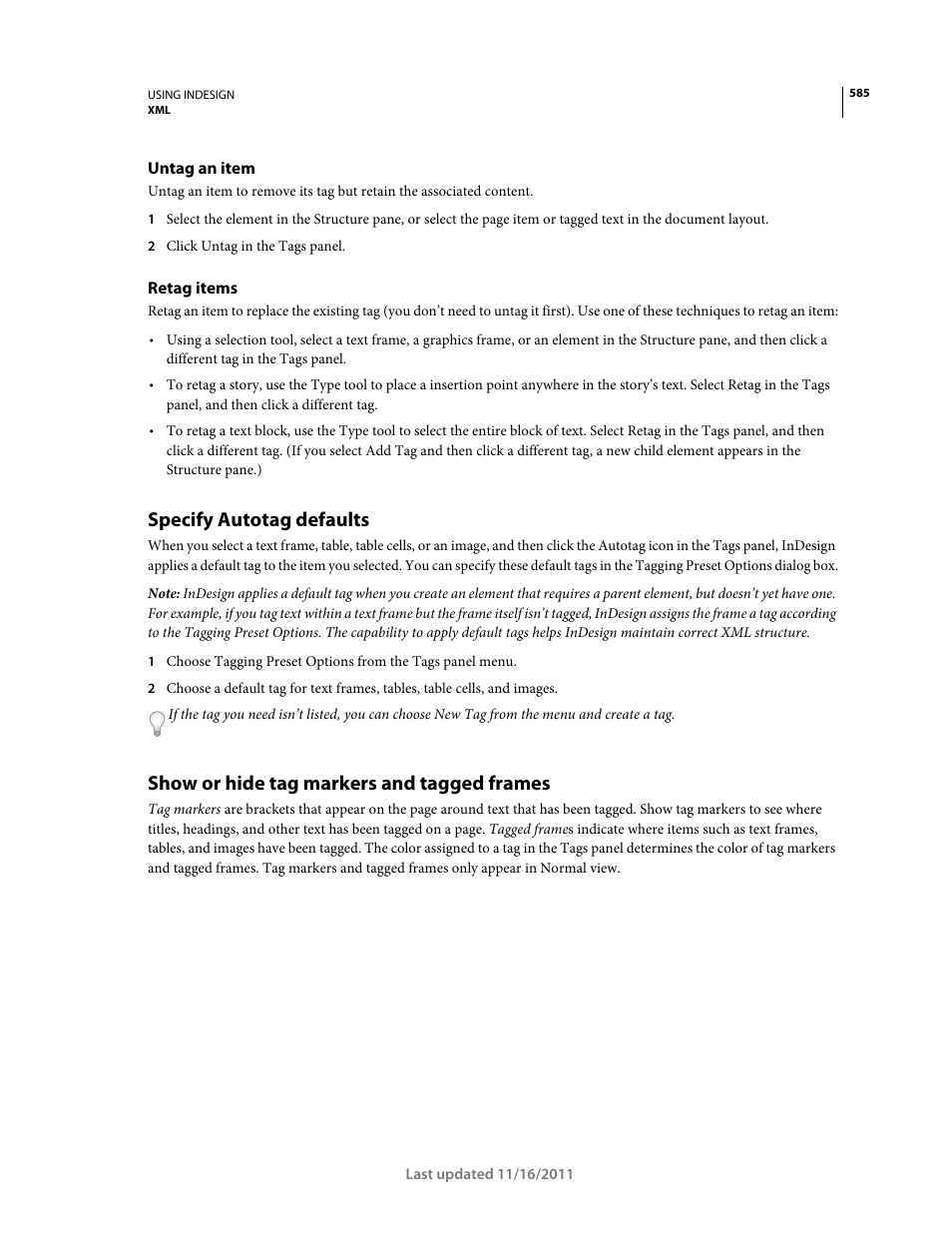 Untag an item, Retag items, Specify autotag defaults | Show or hide tag markers and tagged frames | Adobe InDesign CS5 User Manual | Page 591 / 710