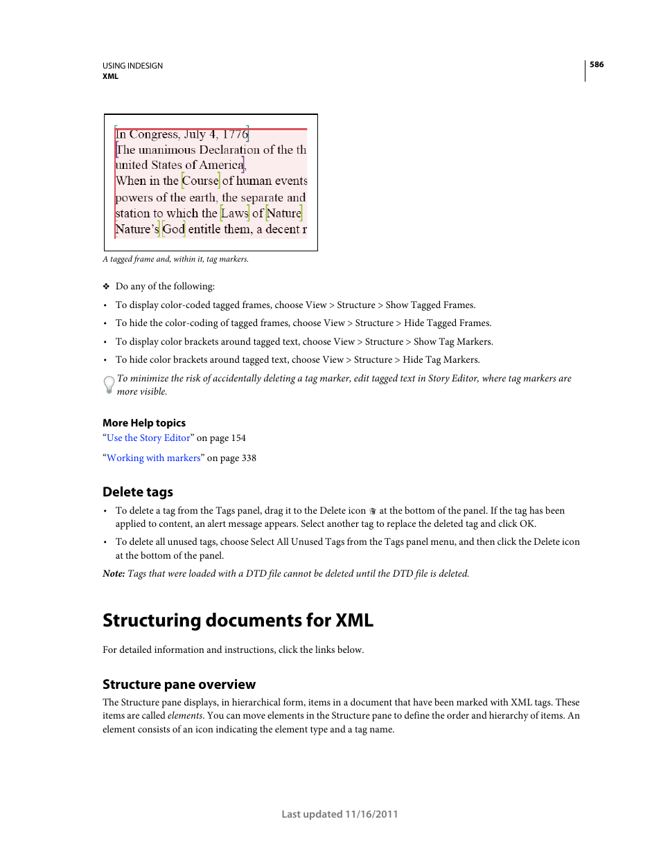 Delete tags, Structuring documents for xml, Structure pane overview | Adobe InDesign CS5 User Manual | Page 592 / 710