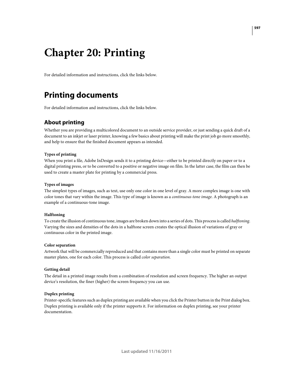 Chapter 20: printing, Printing documents, About printing | Adobe InDesign CS5 User Manual | Page 603 / 710