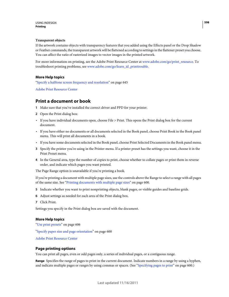Print a document or book, Print a document or, Book | Adobe InDesign CS5 User Manual | Page 604 / 710