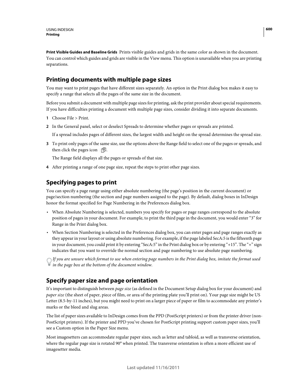 Printing documents with multiple page sizes, Specifying pages to print, Specify paper size and page orientation | Adobe InDesign CS5 User Manual | Page 606 / 710