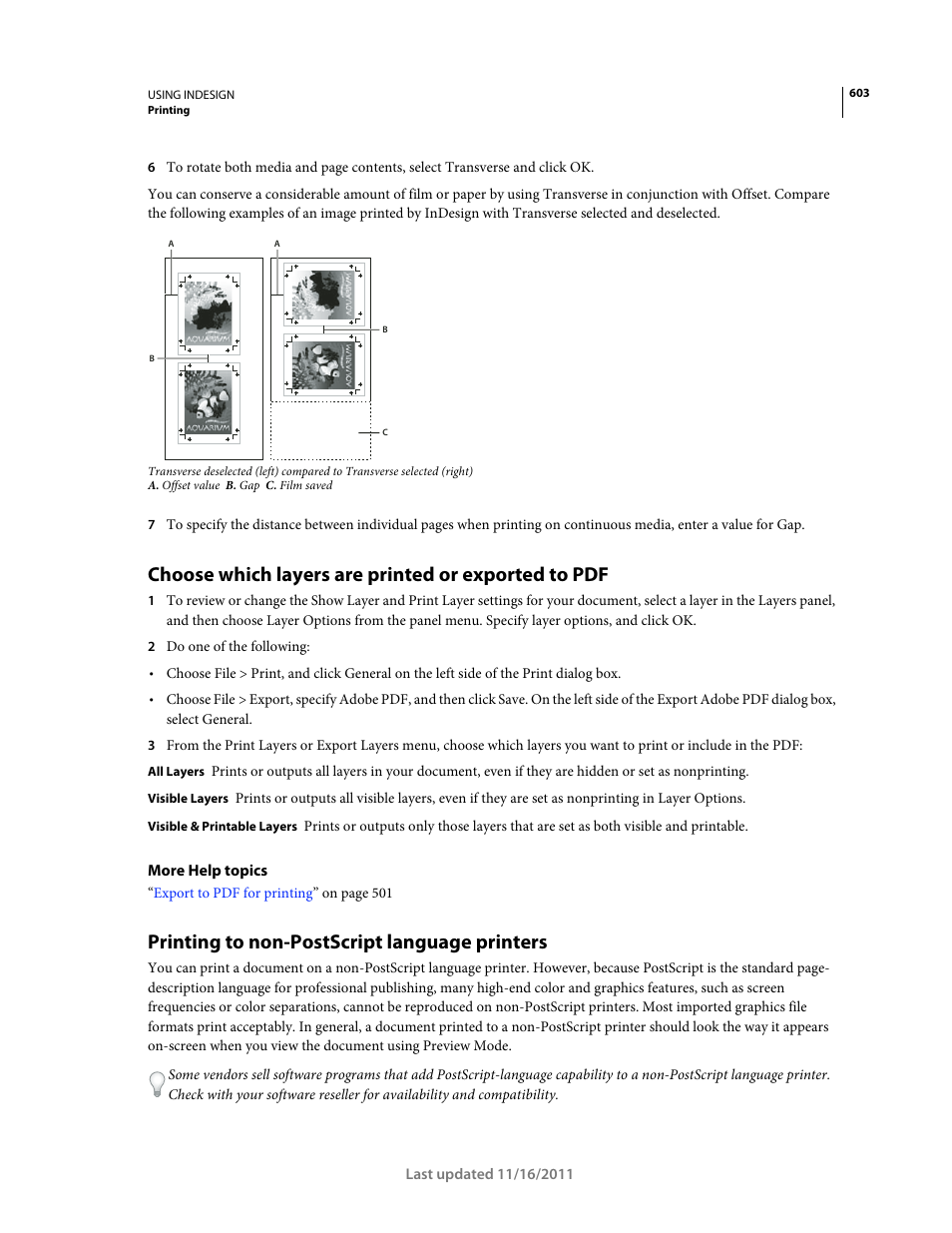 Choose which layers are printed or exported to pdf, Printing to non-postscript language printers, Choose which layers are | Printed or exported to pdf, Determine which layers are printed. (see | Adobe InDesign CS5 User Manual | Page 609 / 710