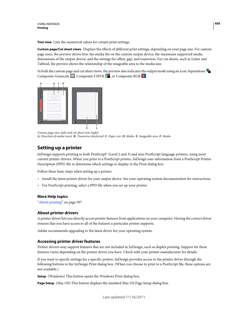 Setting up a printer, About printer drivers, Accessing printer driver features | Adobe InDesign CS5 User Manual | Page 611 / 710