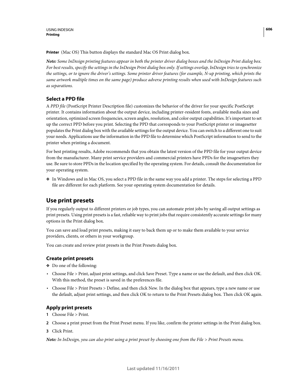 Select a ppd file, Use print presets, Create print presets | Apply print presets | Adobe InDesign CS5 User Manual | Page 612 / 710