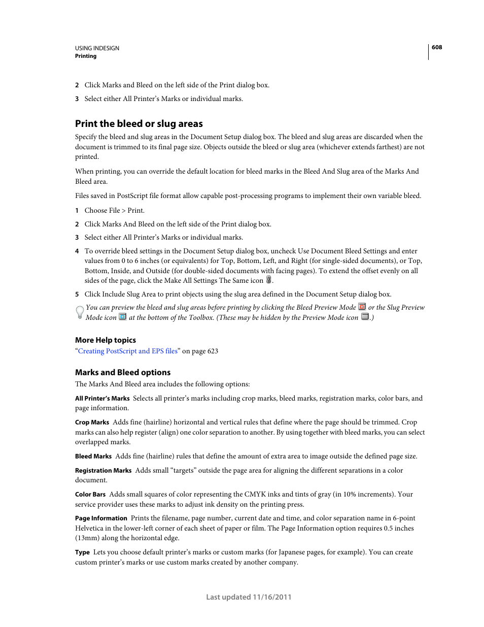 Print the bleed or slug areas, Marks and bleed options | Adobe InDesign CS5 User Manual | Page 614 / 710