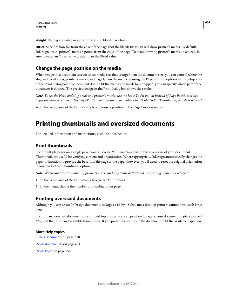 Printing thumbnails and oversized documents, Print thumbnails, Printing oversized documents | Change the page position on the media | Adobe InDesign CS5 User Manual | Page 615 / 710