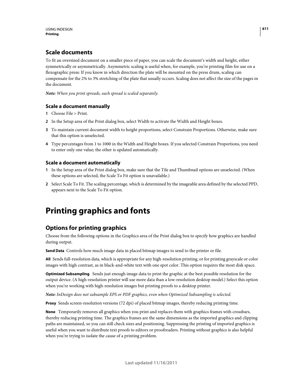 Scale documents, Scale a document manually, Scale a document automatically | Printing graphics and fonts, Options for printing graphics | Adobe InDesign CS5 User Manual | Page 617 / 710